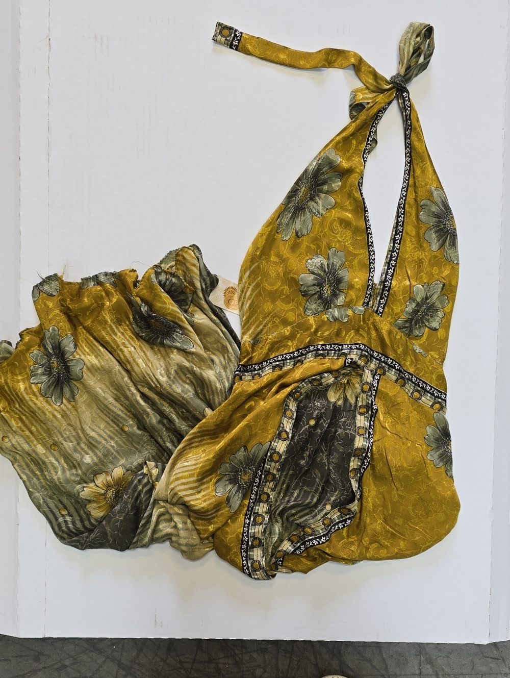 Silk Floral Halter Dress in Floral Mustard Yellow & Gray